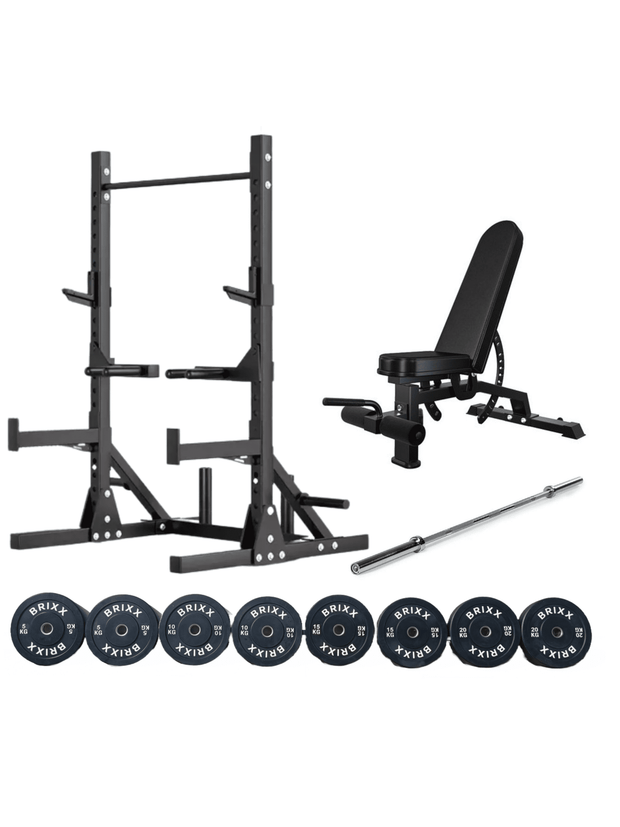 BRIXX Elite Squat Rack, Bench, Bumper Plates & Barbell Pakket